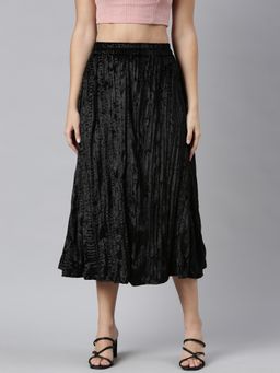 SHOWOFFFF - Women's Solid Black Flared Midi Skirt
