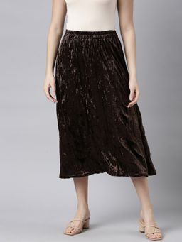 SHOWOFF - Women's Solid Brown Flared Midi Skirt