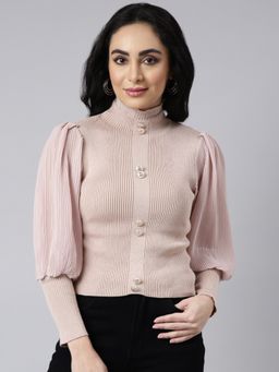 SHOWOFFFF - Women's Long Sleeves Solid High Neck Beige Fitted Top