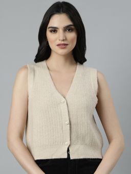 SHOWOFF - Women's Sleeveless V-Neck Solid Beige Sweater Vest