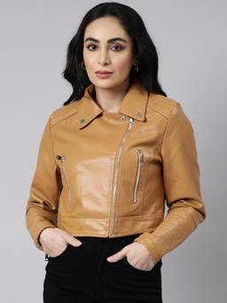 SHOWOFFFF - Women's Long Sleeves Solid Crop Lapel Collar Mustard Biker Jacket