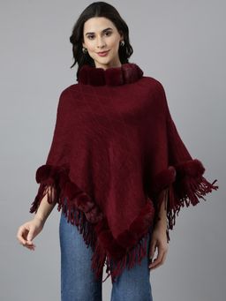 SHOWOFFFF - Women's Self Design Round Neck Longline Maroon Fringed Poncho