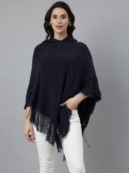 SHOWOFFFF - Women's Open Knit Hood Longline Navy Blue Fringed Poncho