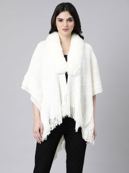SHOWOFFFF - Women's Chevron Shawl Collar Longline White Fringed Poncho