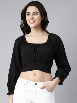 SHOWOFFFF - Women's Off-Shoulder Solid Black Blouson Crop Top