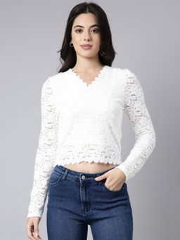 SHOWOFFFF - Women's Long Sleeves V-Neck Floral White Top