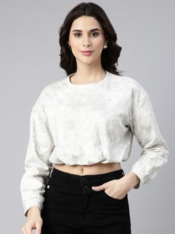 SHOWOFF - Women's Round Neck Solid Off White Blouson Drop Shoulder Crop Top