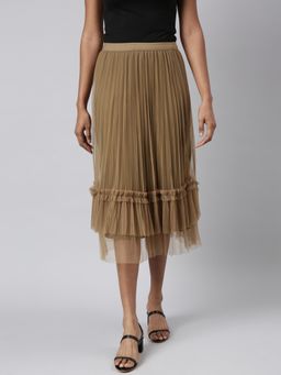 SHOWOFF - Women's Flared Midi Brown Solid Tulle Skirt