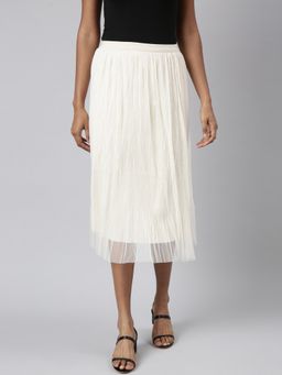 SHOWOFF - Women's Flared Midi Cream Solid Tulle Skirt