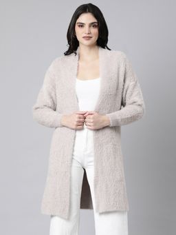 SHOWOFFFF - Women's Three-Quarter Sleeves Solid Front Open Beige Longline Shrug