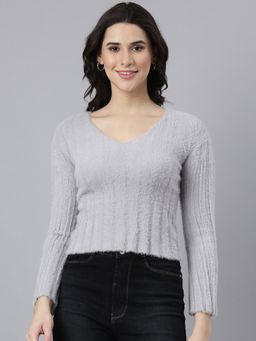 SHOWOFFFF - Women's V-Neck Textured Grey Crop Top