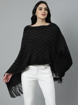 SHOWOFFFF - Women's Cable Knit Boat Neck Longline Charcoal Fringed Poncho