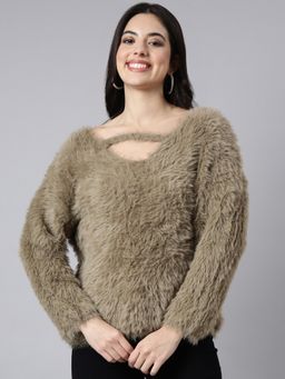 SHOWOFF - Women's Three-Quarter Sleeves V-Neck Textured Beige Top