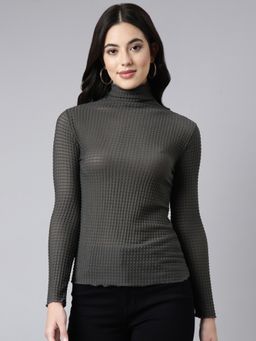 SHOWOFF - Women's Long Sleeves High Neck Self Design Grey Top