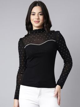 SHOWOFFFF - Women's Long Sleeves High Neck Embellished Black Top