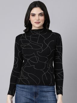 SHOWOFFFF - Women's High Neck Embellished Black Top