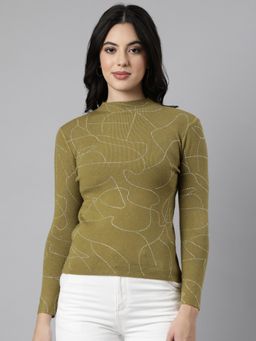 SHOWOFF - Women's High Neck Embellished Olive Top