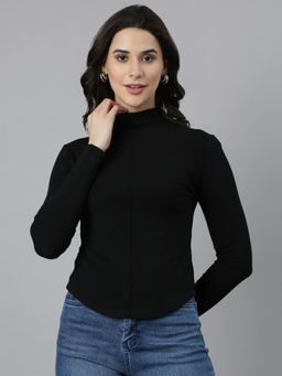SHOWOFFFF - Women's High Neck Solid Black Top