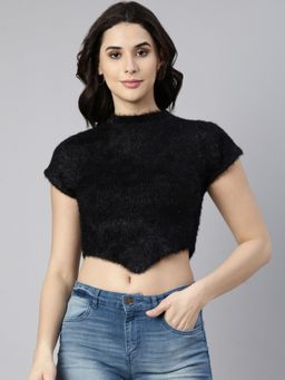 SHOWOFFFF - Women's Round Neck Textured Black Crop Top