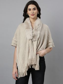 SHOWOFFFF - Women's Solid Shawl Collar Longline Beige Fringed Poncho