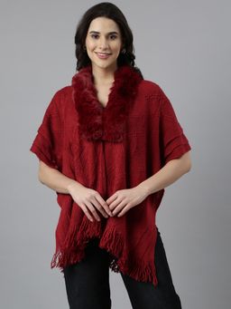 SHOWOFFFF - Women's Solid Shawl Collar Longline Maroon Fringed Poncho