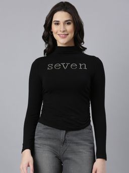 SHOWOFFFF - Women's High Neck Embellished Black Fitted Top