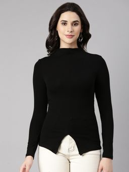 SHOWOFF - Women's High Neck Solid Black Styled Back Top