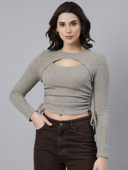 SHOWOFFFF - Women's Round Neck Solid Beige Ruched Top
