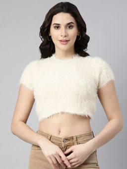 SHOWOFFFF - Women's Round Neck Textured Cream Crop Top