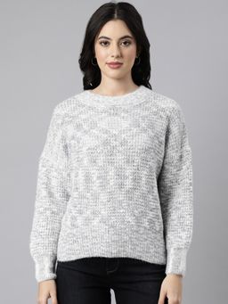 SHOWOFFFF - Women's Textured Round Neck Regular Grey Drop Shoulder Pullover