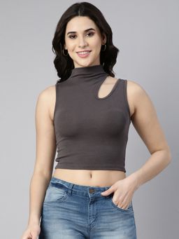 SHOWOFF - Women's High Neck Solid Grey Tank Crop Top