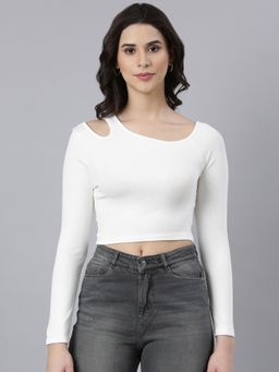 SHOWOFFFF - Women's Boat Neck Solid White Crop Top