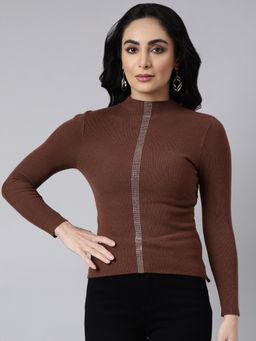 SHOWOFFFF - Women's Long Sleeves Embellished High Neck Brown Fitted Top