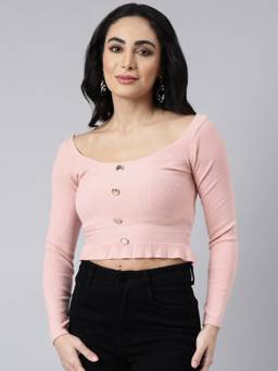 SHOWOFFFF - Women's Long Sleeves Solid Scoop Neck Peach Fitted Crop Top