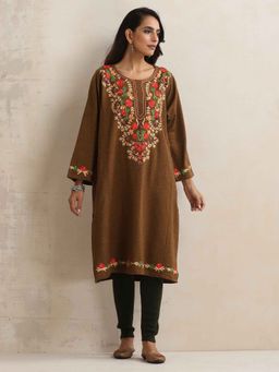 trueBrowns - Brown Kashmiri Embroidered Woolen Phiran Kurta