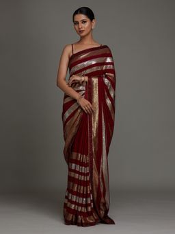 Koskii - Maroon Sequins Georgette Saree with Unstitched Blouse