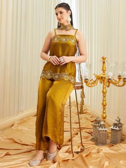 MOKOSH - Golden Silk Embroidered Handwork Kurti Palazzo with Dupatta