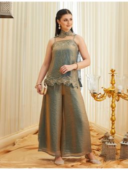 MOKOSH - Tropical Blue Silk Embroidered Handwork Kurti Palazzo with Dupatta