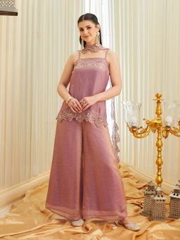 MOKOSH - Light Purple Silk Embroidered Handwork Kurti Palazzo with Dupatta