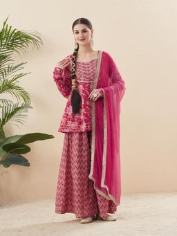 MOKOSH - Pink Printed Ethnic Motifs Printed Kurti with Sharara and Dupatta