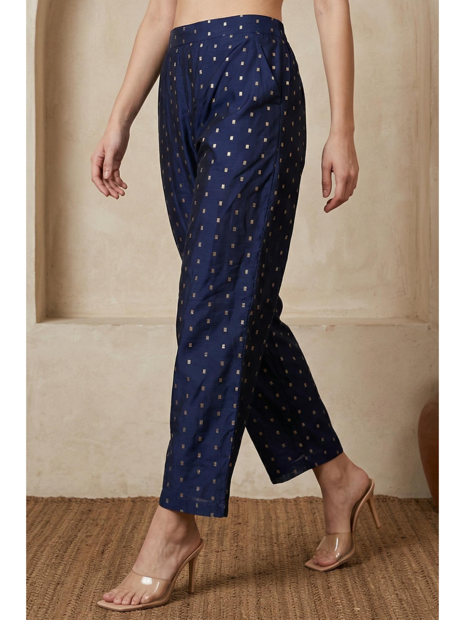 elleven Navy Blue Chanderi Wide Leg Ankle Length Pant-picture-40