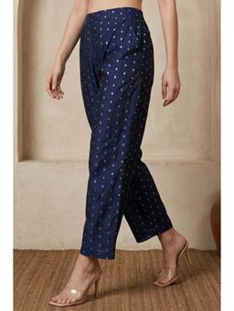 Elleven - Navy Blue Chanderi Wide Leg Ankle Length Pant
