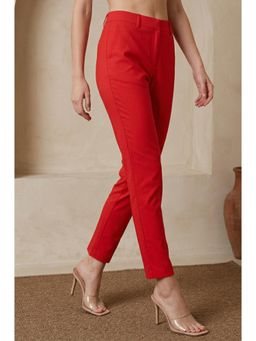 Elleven - Red Solid Cotton Blend Slim Fit Ankle Length Pant