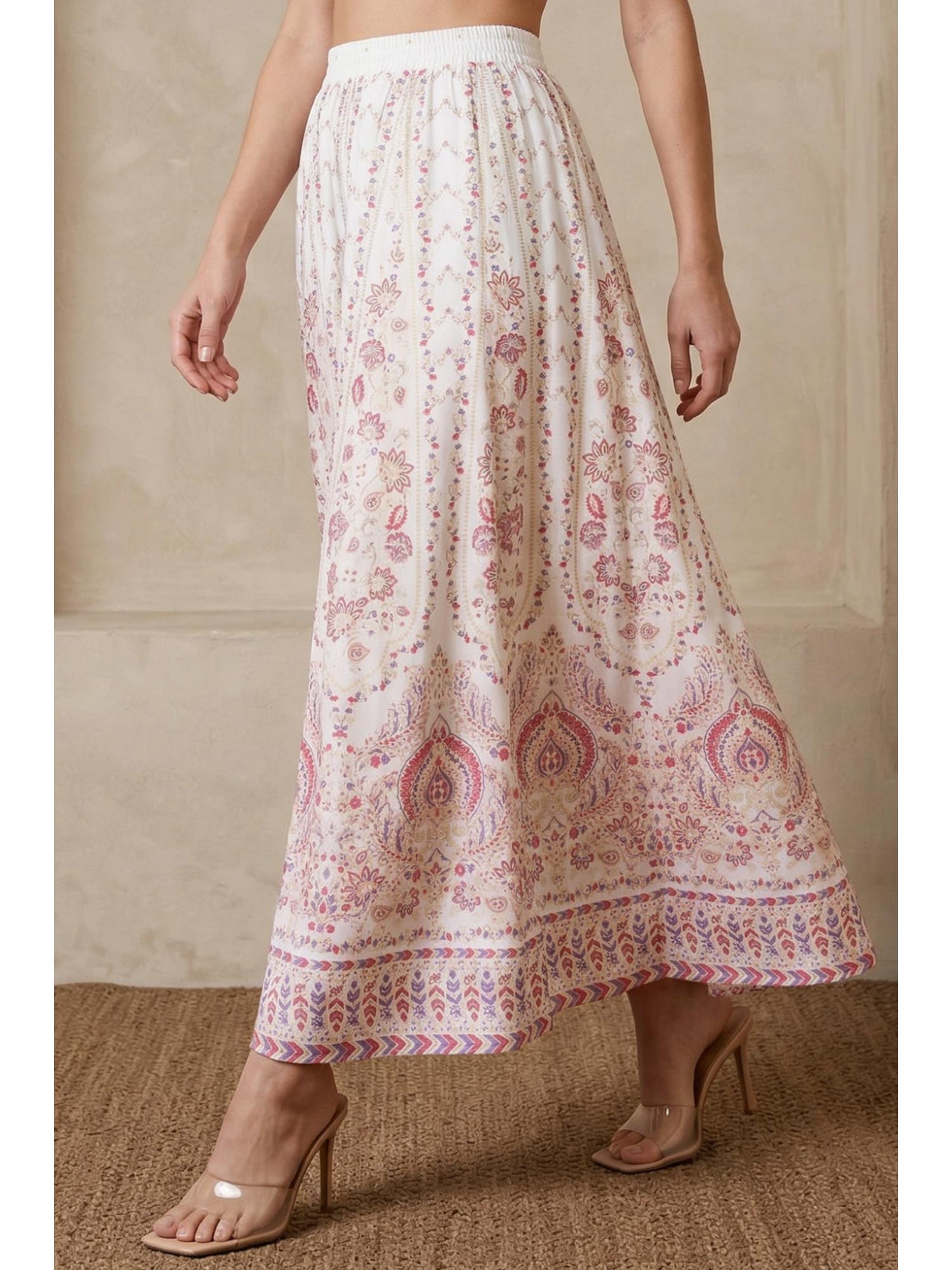 elleven White Ethnic Motifs Foil Printed Crepe Flared Ankle Length Skirt-picture-44