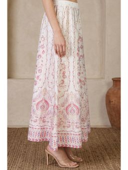Elleven - White Ethnic Motifs
                  Foil Printed Crepe Flared Ankle Length Skirt - 4