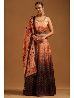Soch - Peach Russian Silk Floral Print Lehenga Choli with Mirror Work