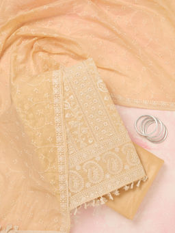 Koskii - Beige Threadwork Chanderi Unstitched Salwar Suit