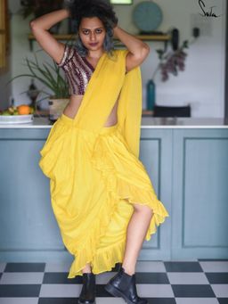 Suta - Yellow Mulmul Cotton Pre Drape Ruffle Saree with Tassels