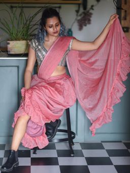 Suta - Pink Mulmul Cotton Pre Drape Ruffle Saree