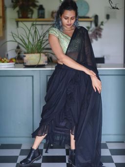 Suta - Black Mulmul Cotton Pre Drape Ruffle Saree
